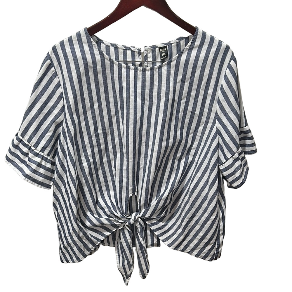 ⛵️SHEIN Blue & White Ruffled Tie-Front Blouse 2XL GUC…